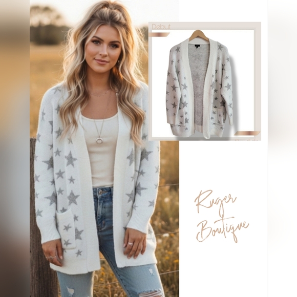 debut Sweaters - 🌿DEBUT Star Fuzzy Cardigan | Oversized S/M | Off-White & Gray Boho Layers